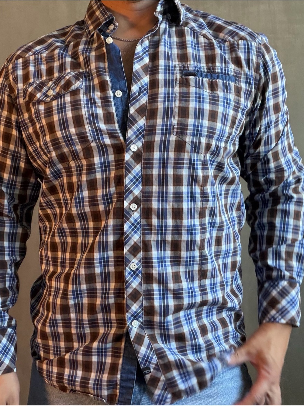7 Diamonds Blue Brown Plaid Pearl Snap Button Down Shirt Men’s M Western Cotton